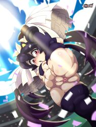  1girl absurdres anus arms_up artist_name between_breasts black_eyeshadow black_hair black_necktie black_thighhighs blue_sky breasts brown_footwear chivox00 cleft_of_venus confused day exhibitionism eyebrows eyelashes eyeshadow female_focus filia_(skullgirls) foot_out_of_frame from_below from_side highres living_hair long_hair looking_at_viewer looking_back looking_to_the_side makeup necktie necktie_between_breasts nipples open_mouth outdoors pom_pom_(cheerleading) public_indecency pussy red_eyes samson_(skullgirls) shoes skullgirls sky small_breasts solo standing standing_on_one_leg sun thick_thighs thighhighs thighs uncensored 