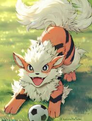  afterimage arcanine artist_name ball black_eyes blush bright_pupils commentary_request creatures_(company) day fangs game_freak gen_1_pokemon grass highres kaminokefusa lens_flare looking_at_viewer nintendo no_humans open_mouth outdoors pokemon pokemon_(creature) smile soccer_ball sparkle standing tail tail_wagging white_pupils 