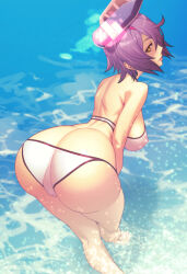  1girl ahoge ass bikini breasts butt_crack crossed_legs from_behind headgear highres kantai_collection large_breasts leaning_forward lens_flare looking_at_viewer looking_back purple_hair short_hair solo swimsuit tenryuu_(kancolle) tomoyuki_kotani wading white_bikini yellow_eyes 