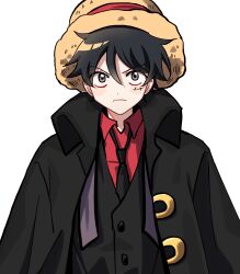  1boy absurdres black_coat black_hair black_necktie closed_mouth coat coat_on_shoulders collared_coat commentary formal hat highres kasuga_kaya male_focus monkey_d._luffy necktie one_piece one_piece:_strong_world red_shirt scar scar_on_face shirt short_hair simple_background solo straw_hat suit white_background 