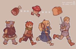 1girl 3boys armor be-ly beard bread brown_hair chilchuck_tims dungeon_meshi dwarf elf facial_hair fake_horns food from_side full_body helmet highres horned_helmet horns laios_touden loading_screen loaf_of_bread long_beard marcille_donato meat multiple_boys mustache plate_armor pointy_ears senshi_(dungeon_meshi) thick_mustache very_long_beard walking walking_mushroom_(dungeon_meshi)
