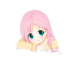  1girl aqua_eyes bare_shoulders bonxy face fluttershy head_rest highres light_smile my_little_pony my_little_pony:_friendship_is_magic personification pink_hair smile solo transparent_background  rating:Sensitive score:43 user:danbooru