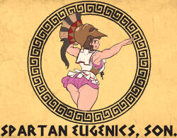  1girl ancient_greek_clothes armor ass bare_arms border brown_hair commentary corinthian_helmet cowboy_shot english_commentary english_text from_behind greco-roman_clothes greek_armor greek_helmet hand_up helmet hoplite ironlily light_brown_background linothorax long_hair meandros meme muscular muscular_female nanomachines_son!_(meme) original round_border solo spartan toga 