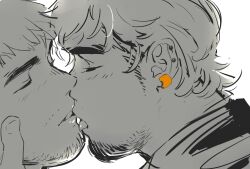  2boys bara close-up couple earrings face-to-face facial_hair from_side goatee_stubble greyscale happy highres isuke jewelry kiss licking licking_another&#039;s_face licking_another&#039;s_lips light_blush male_focus monochrome multiple_boys original profile shirt short_hair sideburns_stubble sketch smile sparse_stubble spot_color stubble t-shirt thick_eyebrows tongue tongue_out unfinished wavy_hair white_background yaoi 