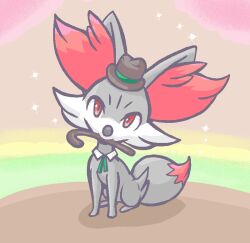 alternate_color animal_ear_fluff animal_focus black_hat cane clothed_pokemon creatures_(company) detached_collar fennekin full_body game_freak gardear058 gen_6_pokemon green_ribbon hat head_tilt jaggy_lines looking_at_viewer mini_hat mouth_hold neck_ribbon nintendo no_humans pokemon pokemon_(creature) red_eyes ribbon shiny_pokemon sitting solo sparkle top_hat