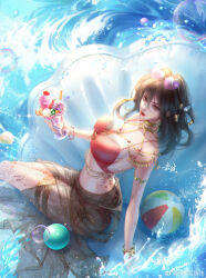  1girl absurdres artist_request bikini blue_sky brown_hair chi_lian_(qinshi_mingyue) clam food glint heart heart-shaped_eyewear highres ice_cream jewelry multi-tied_hair qinshi_mingyue red_eyes red_skirt second-party_source sitting skirt sky solo splashing sundae swimsuit water water_drop waves 