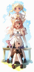  3girls ;d absurdres aged_down ahoge arlecchino_(genshin_impact) bare_shoulders black_eyes black_footwear black_jacket black_shorts blonde_hair blue_sky blush bow brown_hair child clervie_(genshin_impact) collarbone cross-shaped_pupils day double_v dress dress_bow frilled_dress frills full_body genshin_impact grass green_eyes hair_intakes hair_over_one_eye hairband hand_on_own_knee hands_on_own_hips highres jacket jewelry kneehighs knees_up loafers long_hair looking_at_viewer multicolored_hair multiple_girls neck_ribbon neckerchief on_grass on_table one_eye_closed one_eye_covered open_mouth outdoors pendant puffy_short_sleeves puffy_sleeves purple_hair red_pupils ribbon shoes short_hair short_sleeves shorts sitting sky smile snozaki socks standing straight-on streaked_hair symbol-shaped_pupils table twintails two-tone_hair v white_dress white_hair white_hairband white_socks yellow_neckerchief 