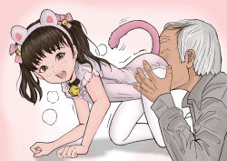  1boy 1girl age_difference all_fours animal_ears artist_request ass_grab bell bent_over blush brown_eyes brown_hair cat_ears cat_tail clenched_hands collar face_in_ass fake_animal_ears fake_tail flat_chest heavy_breathing hetero highres leotard loli neck_bell old old_man open_mouth pantyhose pet_play redlight sexually_suggestive tail thighs trembling  rating:Questionable score:189 user:ganso