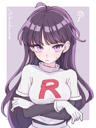  1girl ahoge black_sleeves blush breasts character_name commentary_request creatures_(company) frown game_freak gloves highres long_hair looking_at_viewer medium_breasts nintendo pokemon pokemon_adventures purple_eyes purple_hair sabrina_(pokemon) shirt solo sweatdrop team_rocket team_rocket_uniform upper_body white_gloves white_shirt yumenosippo 