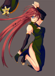 1girl alternate_costume bad_id bad_pixiv_id bare_shoulders beret blue_eyes braid breasts china_dress chinese_clothes dress elbow_gloves female_focus full_body gloves hat unworn_hat unworn_headwear hong_meiling jumping large_breasts long_hair muscular muscular_female one_eye_closed red_hair shingo. shoes side_slit simple_background solo touhou very_long_hair wink rating:Sensitive score:18 user:danbooru