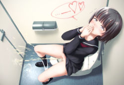 1girl bar_censor bathroom black_footwear black_hair black_legwear black_shirt black_skirt blush censored clothes_lift covering_own_mouth door from_above grey_eyes hands_over_own_mouth highres kuroi96 looking_up neckerchief panties panty_pull peeing puddle pussy school_uniform shirt shoes short_hair short_sleeves sitting skirt skirt_lift socks toilet toilet_paper toilet_use trembling underwear white_panties rating:Explicit score:158 user:DoctorWasabi