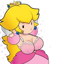  1girl blonde_hair bra breasts breasts_out cleavage curvy dress gloves gosgoz highres large_breasts long_hair looking_at_viewer mario_(series) nintendo paper_mario princess_peach puckered_lips solo underwear 