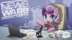  1girl absurdres alternate_costume bestfilly black_shirt blue_eyes brand_name_imitation collared_shirt computer cup diamond_tiara english_text highres info_wars laptop logo looking_at_viewer microphone mug my_little_pony necktie news open_mouth paper pink_fur pony_(animal) purple_hair red_necktie shirt short_sleeves solo teeth upper_body upper_teeth_only watermark web_address 