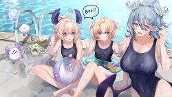 3girls 6_may_6 :o ahoge aloupeep_(enna_alouette) aqua_eyes ball beachball beads blush breast_envy breasts clenched_hand clenched_hands collarbone competition_swimsuit covered_navel dragon_wings english_text famillie_(millie_parfait) fangs flat_chest hair_beads hair_between_eyes hair_ornament head_wings heterochromia highres indian_style innertube large_breasts long_hair low_wings medium_hair mole mole_on_armpit multicolored_hair multiple_girls nijisanji nijisanji_en one-piece_swimsuit ponytail pool pool_ladder purple_eyes short_twintails sideboob sitting skin_fangs small_breasts speech_bubble swim_ring swimsuit twintails two-tone_hair very_long_hair virtual_youtuber weewa_(elira_pendora) wet wings 