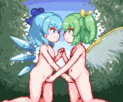  2girls animated animated_gif blue_eyes blue_hair blush cirno completely_nude daiyousei eye_contact fairy_wings flat_chest green_eyes green_hair hair_ornament hair_ribbon hinainf holding_hands ice ice_wings kneeling loli looking_at_another lowres multiple_girls mutual_masturbation navel nude open_mouth ribbon short_hair side_ponytail touhou wings yuri  rating:Explicit score:140 user:User-X