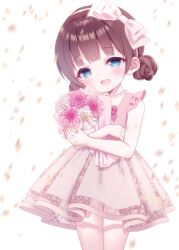  1girl :d bare_arms blue_eyes bouquet bow brown_hair chitosezaka_suzu commentary_request commission double_bun dress flower hair_bow hair_bun hairband highres hugging_object jewelry looking_at_viewer necklace open_mouth original pearl_necklace petals pink_dress pink_flower pink_hairband pleated_dress simple_background skeb_commission smile solo white_background white_bow white_flower 