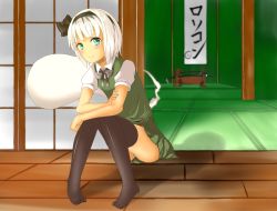  1girl arms_on_knees banner black_ribbon black_thighhighs blush bow bowtie closed_mouth crossed_arms day door feet female_focus floor ghost green_eyes hair_ribbon hairband happy japanese_text katana knees_up konpaku_youmu konpaku_youmu_(ghost) looking_at_viewer multiple_swords otsugi_(artist) panties pantyshot ribbon room scabbard shadow sheath sheathed shirt short_hair short_sleeves sitting skirt smile solo striped_clothes striped_panties sunlight sword thighhighs touhou underwear upskirt wall weapon white_hair white_shirt  rating:Sensitive score:7 user:xhalfmoon