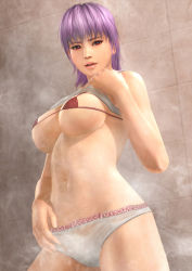 1girl 3d ayane_(doa) bikini breasts clothes_lift dead_or_alive dead_or_alive_xtreme_3_fortune large_breasts micro_bikini official_art panties shirt_lift sideboob solo swimsuit underboob underwear wet rating:Sensitive score:64 user:Tairon