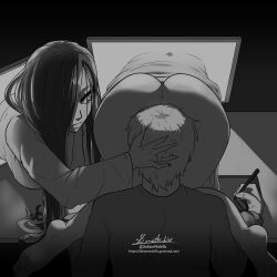1boy 1girl all_fours artist_name ass between_buttocks black_hair breasts dark_background doktor_malefic drawing_tablet face_in_ass greyscale gumroad_username hair_over_one_eye highres holding holding_stylus indoors large_breasts long_hair looking_at_another monitor monochrome on_table original portal_(object) portal_sex signature sitting stylus table thighs through_medium through_screen watermark web_address wormhole yamamura_sadako rating:Questionable score:420 user:danbooru