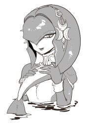 1girl bracelet colored_skin dancho_no_mori fins fish_girl fish_tail greyscale hair_ornament head_fins jewelry looking_at_viewer mipha monochrome multicolored_skin nintendo partially_submerged solo tail the_legend_of_zelda the_legend_of_zelda:_breath_of_the_wild two-tone_skin upper_body water 