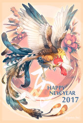  2017 animal_focus artist_name bird chicken chinese_zodiac flower full_body happy_new_year highres nengajou new_year no_humans original outline red_flower rooster signature solo tail talons white_outline yamamura_le year_of_the_rooster yellow_background yellow_eyes 