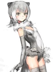  10s 1girl :| animal_ears arms_at_sides bare_shoulders blush breasts closed_mouth collar commentary covered_navel cowboy_shot elbow_gloves expressionless frilled_swimsuit frills from_side fur_collar gloves gradient_hair grey_eyes grey_gloves grey_hair grey_one-piece_swimsuit grey_thighhighs kemono_friends looking_at_viewer multicolored_hair navel one-piece_swimsuit otter_ears otter_tail ryuukeichi_andromeda sanpaku short_hair simple_background sketch small-clawed_otter_(kemono_friends) small_breasts solo swimsuit tail thighhighs thighs tsurime two-tone_hair white_background white_hair  rating:Sensitive score:4 user:danbooru