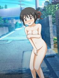 1girl black_hair blush breasts brown_eyes completely_nude covering_privates covering_breasts covering_crotch embarrassed exhibitionism highres kimi_no_na_wa. medium_breasts miyamizu_mitsuha nanchakohu navel nude public_indecency red_ribbon ribbon road solo street sweat rating:Questionable score:44 user:danbooru