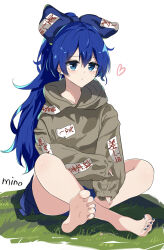  1girl absurdres artist_name barefoot blue_bow blue_eyes blue_hair blue_nails blush bow commentary double-parted_bangs earrings feet full_body grey_hoodie hair_between_eyes hair_bow heart highres hood hood_down hoodie hoop_earrings huge_bow indian_style jewelry long_hair long_sleeves looking_at_viewer messy_hair mino_(minori) nail_polish on_grass puffy_long_sleeves puffy_sleeves simple_background sitting sleeves_past_wrists soles solo toenail_polish toenails toes touhou very_long_hair white_background yorigami_shion  rating:General score:8 user:danbooru