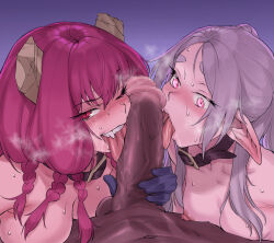  1boy 2girls aura_(sousou_no_frieren) black_collar black_gloves breasts broken_horn censored collar cooperative_fellatio dark-skinned_male dark_skin fellatio ffm_threesome frieren gloves grey_hair group_sex hair_between_eyes hetero horns interracial kouya_toufu large_breasts long_hair looking_at_viewer mosaic_censoring multiple_girls nipples one_eye_closed oral penis_grab penis_on_face pink_eyes pointy_ears pov purple_hair red_eyes small_breasts sousou_no_frieren sweat teeth thick_eyebrows threesome tongue tongue_out upper_teeth_only 
