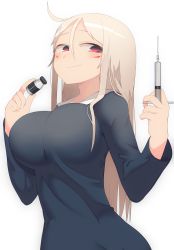  1girl breasts facepaint hair_between_eyes harau impossible_clothes large_breasts long_hair needle nun original red_eyes simple_background smile solo syringe traditional_nun white_background white_hair  rating:Sensitive score:11 user:Niconeko