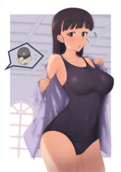  1boy 1girl black_eyes black_hair blue_one-piece_swimsuit blunt_bangs blush breasts collarbone covered_navel eyepatch unworn_eyepatch highres hijikata_keisuke indoors large_breasts long_hair one-piece_swimsuit sakamoto_mio school_swimsuit solo_focus standing strike_witches swimsuit taut_clothes taut_swimsuit varie7k world_witches_series  rating:Questionable score:9 user:ibt1363