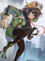  1girl against_wall asui_tsuyu belt black_eyes black_hair bodysuit boku_no_hero_academia boots breasts broken_goggles building city dirty dirty_face eyewear_on_head female_focus foot_against_wall frog_girl gloves goggles goggles_on_head green_bodysuit green_hair hair_rings hand_on_wall highres long_hair long_tongue low-tied_long_hair medium_breasts ponytail rain raps_(yohomeboyraps) solo superhero_costume thigh_boots thighhighs tongue tongue_out very_long_hair  rating:General score:27 user:Cancerouscrab