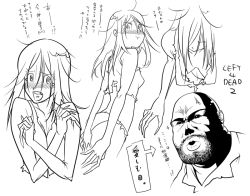  1boy 1girl :t @_@ bald bare_shoulders beard blush breasts character_sheet check_translation claws coach_(left4dead) downblouse embarrassed facial_hair from_above g-room_honten greyscale left_4_dead left_4_dead_2 long_hair looking_back messy_hair midriff monochrome nipple_slip nipples open_mouth partially_translated pout small_breasts tears torn_clothes translation_request witch_(left4dead) zombie  rating:Questionable score:49 user:danbooru