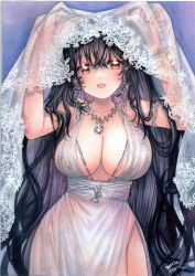  1girl azur_lane bare_shoulders black_hair breasts center_opening cleavage cocktail_dress dress earrings evening_gown hair_between_eyes highres jewelry large_breasts long_hair looking_at_viewer mosho necklace official_alternate_costume open_mouth plunging_neckline red_eyes satin_dress see-through sleeveless sleeveless_dress solo taihou_(azur_lane) taihou_(temptation_on_the_sea_breeze)_(azur_lane) traditional_media very_long_hair white_dress 