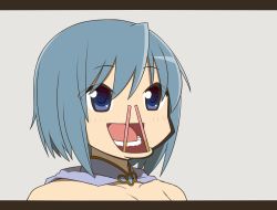  1girl :d bare_shoulders blue_eyes blue_hair cape food grey_background letterboxed mahou_shoujo_madoka_magica mahou_shoujo_madoka_magica_(anime) matching_hair/eyes miki_sayaka open_mouth parody pocky portrait short_hair simple_background smile solo ume_(noraneko) upper_body what  rating:Sensitive score:33 user:danbooru