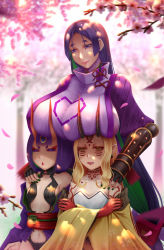  3girls annoyed black_gloves blonde_hair bob_cut bodysuit breast_envy breast_rest breasts breasts_on_head closed_eyes cup empty_eyes facial_mark fang fang_out fate/grand_order fate_(series) fingerless_gloves fingernails frown gloves headpiece height_difference highres horns ibaraki_douji_(fate) japanese_clothes kimono large_breasts long_hair low-tied_long_hair minamoto_no_raikou_(fate) multiple_girls oldlim oni open_clothes open_kimono open_mouth parted_bangs pointy_ears purple_bodysuit purple_eyes purple_hair purple_kimono revealing_clothes ribbed_sleeves rope sakazuki sharp_fingernails short_eyebrows short_hair shuten_douji_(fate) skin-covered_horns small_breasts smile tabard tattoo very_long_hair yellow_eyes  rating:Sensitive score:39 user:danbooru