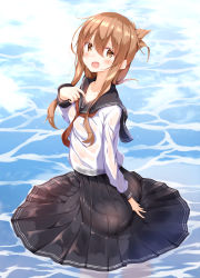 1girl :d ass bad_anatomy bad_ass bad_id bad_nicoseiga_id black_sailor_collar black_skirt blush brown_eyes brown_hair circle_skirt commentary_request folded_ponytail from_side hair_between_eyes highres inazuma_(kancolle) kantai_collection long_hair long_neck long_sleeves neckerchief numpopo open_mouth partially_submerged pleated_skirt red_neckerchief sailor_collar school_uniform serafuku skirt smile solo water rating:Sensitive score:2 user:danbooru