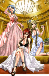 3girls adjusting_hair black_eyes blonde_hair blue_hair bracelet breasts brown_eyes cane cleavage clenched_hand column comic dress earrings elbow_gloves erza_scarlet everyone fairy_tail formal frown gloves hand_on_another&#039;s_shoulder jewelry juvia_lockser kneeling large_breasts legs long_hair looking_at_viewer lucy_heartfilia mashima_hiro multiple_girls necklace pillar pink_dress pink_gloves ponytail red_hair sandals scarf short_hair side_slit sitting smile smirk stairs tattoo white_dress rating:Sensitive score:76 user:danbooru