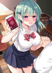  1girl black_bow black_skirt blurry blurry_background blush bow bowtie breasts chair chalkboard collared_shirt desk diagonal-striped_bow diagonal-striped_bowtie diagonal-striped_clothes fang green_hair hair_bow heart heart_in_eye holding holding_hands holding_phone hypnosis_app ikura_nagisa interlocked_fingers large_breasts long_hair mole mole_under_mouth open_mouth original phone pleated_skirt purple_eyes red_bow red_bowtie school_desk school_uniform shirt skirt striped_clothes symbol_in_eye white_shirt yandere 