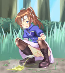 1girl angry black_footwear blue_eyes blue_shirt boots breasts brown_hair bush grass hair_ribbon hands_on_own_knees headband highres linux_(viprpg) long_hair looking_back one_eye_closed open_mouth panties panties_around_one_ankle peeing puddle pussy ribbon shigeo_(pixiv50455197) shirt short_sleeves skirt sky small_breasts squatting sweatdrop thighhighs tree twintails uncensored underwear viprpg white_panties white_skirt rating:Explicit score:5 user:cpee