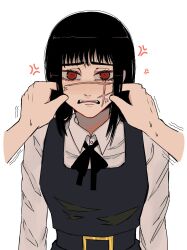  1girl 1other anger_vein black_hair chainsaw_man cheek_pinching commentary cross_scar dolphin_cat facial_scar fourth_east_high_school_uniform frown highres pinching pov pov_hands red_eyes ringed_eyes scar scar_on_cheek scar_on_face school_uniform sweat trembling yoru_(chainsaw_man)  rating:General score:3 user:danbooru