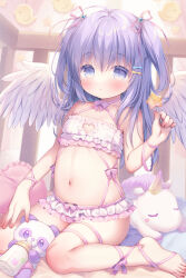 1girl baby_bottle bare_arms bare_shoulders blue_eyes blue_hair bottle bow bow_panties bra choker closed_mouth clothing_cutout collarbone commentary_request feathered_wings female_focus frilled_bra frilled_panties frilled_pillow frills hair_ornament hair_ribbon hand_up heart_cutout loli long_hair looking_at_viewer navel original panties pillow pink_ribbon purple_bow purple_choker ribbon smile solo star_(symbol) star_hair_ornament stuffed_animal stuffed_panda stuffed_toy stuffed_unicorn two_side_up underwear usashiro_mani white_bra white_panties white_wings wings rating:Questionable score:65 user:danbooru