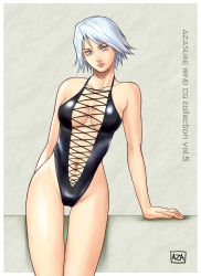 azasuke christie_(doa) cleavage_cutout clothing_cutout criss_cross_front dead_or_alive front-tie_top highres lace_up_front laceups swimsuit tecmo white_eyes white_hair rating:Sensitive score:18 user:Anonymous