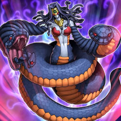 1girl breasts duel_monster extra_eyes fangs jewelry monster_girl necklace no_humans no_mouth official_art red_eyes snake_arms snake_hair snake_tail solo tail vennominaga_the_deity_of_poisonous_snakes yu-gi-oh! yu-gi-oh!_gx  rating:Questionable score:8 user:Chaos11