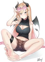  1girl artist_name barefoot black_shirt blonde_hair blue_eyes blush breast_tattoo breasts brown_shorts cleavage cleavage_cutout clothing_cutout demon_girl demon_horns demon_tail demon_wings feet frown hololive horns large_breasts leg_strap long_hair looking_at_viewer midriff on_floor pink_nails pointy_ears shirt shorts sleeveless sleeveless_shirt soles solo straight_hair sunglasses_on_head sweat tail tattoo toe_scrunch toenails toes tsurime turtleneck turtleneck_shirt very_long_hair virtual_youtuber winged_heart_tattoo wings yoihami_294 yuzuki_choco 