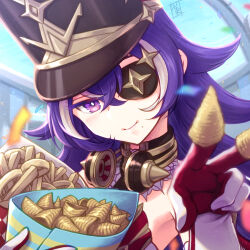 1girl artist_name black_hat blurry blurry_background bright_pupils bugles bugles_(food) bugles_on_fingers chevreuse_(genshin_impact) commentary_request confetti crossed_bangs detached_collar earmuffs earmuffs_around_neck eyepatch food french_fries genshin_impact gloves gold_trim hair_between_eyes hat holding holding_food long_hair looking_at_viewer manji_taba mole mole_under_mouth multicolored_hair onion_rings pointy_hair purple_eyes purple_hair shako_cap sidelocks signature smile solo streaked_hair two-tone_hair v white_gloves white_hair white_pupils