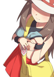  1girl bag bare_shoulders blue_shirt bra bra_pull breast_focus breasts brown_hair clothes_lift clothes_pull creatures_(company) female_focus fingernails flashing game_freak hat head_out_of_frame highres leaf_(pokemon) lifted_by_self long_hair medium_breasts morisobo nintendo nipples one_breast_out pokemon pokemon_frlg red_skirt shirt shirt_lift shoulder_bag simple_background skirt sleeveless sleeveless_shirt smile solo standing underwear white_background white_bra white_hat  rating:Questionable score:167 user:danbooru