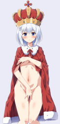  1girl absurdres blue_eyes blush breasts cape closed_mouth covering_privates covering_breasts covering_crotch crown date_a_live eggman_(pixiv28975023) embarrassed feet_out_of_frame fur-trimmed_cape fur_trim groin hair_ornament hairclip highres large_breasts looking_at_viewer naked_cape navel red_cape short_hair solo standing stomach thigh_gap tobiichi_origami underboob white_hair  rating:Questionable score:56 user:danbooru