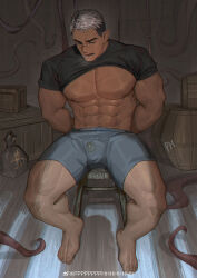  1boy abs absurdres arms_behind_back bara bare_pectorals bound breath bulge clothes_lift commission dark-skinned_male dark_skin full_body grey_hair highres imminent_rape large_pectorals linus_(shirochung) male_focus muscular muscular_male navel nipples original pectorals peterhl pointy_ears scar scar_on_face scar_on_nose shirt_lift short_shorts shorts sitting solo stomach tentacles thick_eyebrows thick_thighs thighs v-shaped_eyebrows 