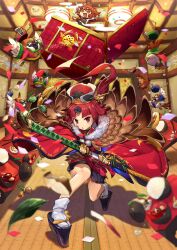 &gt;_&lt; 2girls benienma_(fate) bird box brown_eyes brown_hair chibi commentary_request confetti drawing_sword fate/grand_order fate_(series) feather_trim food fujimaru_ritsuka_(female) geta highres holding holding_sword holding_weapon katana midair multiple_girls nora_(norabox) open_mouth orange_eyes platform_clogs platform_footwear revision sheath smile solo sparrow sword unsheathing weapon wide_sleeves  rating:General score:5 user:danbooru
